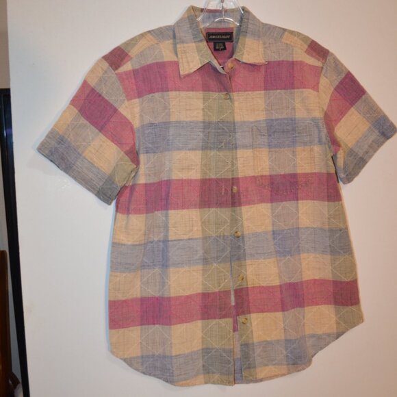 ANGELIQUE Cotton Button-Down Shirt Grey-Red-TanTextures Pattern Round Bottoms S - Picture 6 of 14